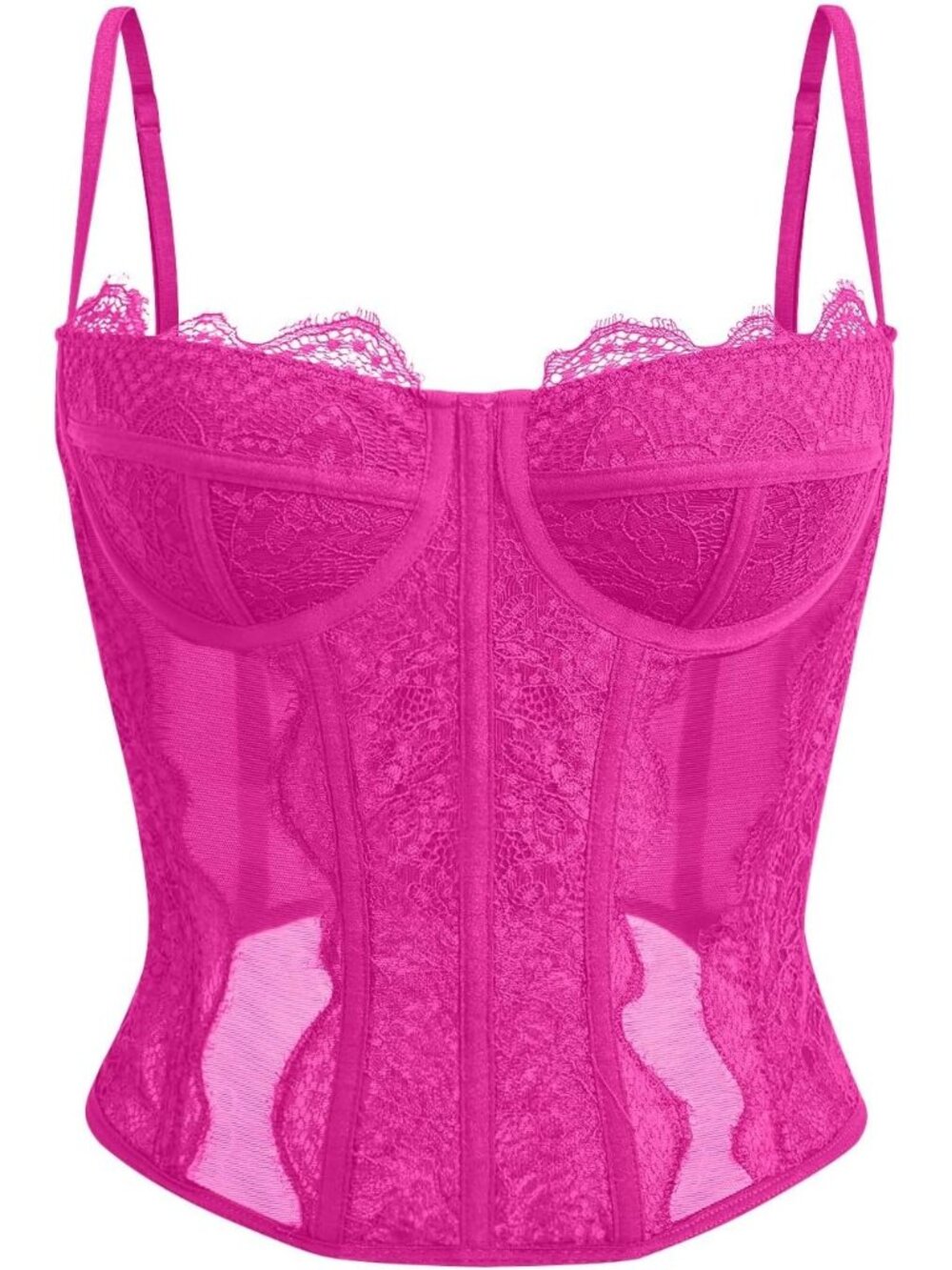 Women's Baby Pink Boned Lace Mesh Underwire Bustier Spaghetti Strap Corset Top
